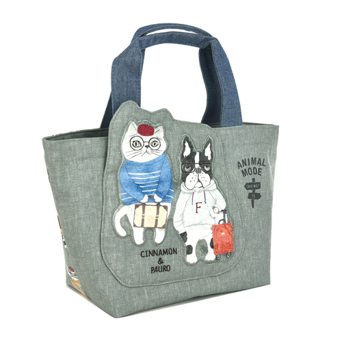 Сумка мини (тоут) с котом и бульдогом на молнии "AnimalMode", зеленая, 24-7548-2, KUSUGURU