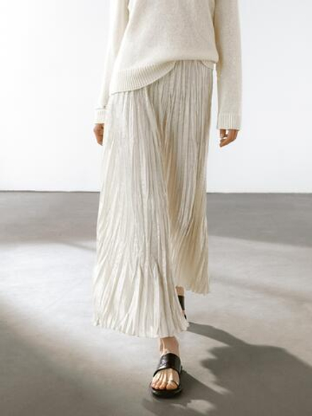 Massimo Dutti Плиссированная юбка миди, кремовый