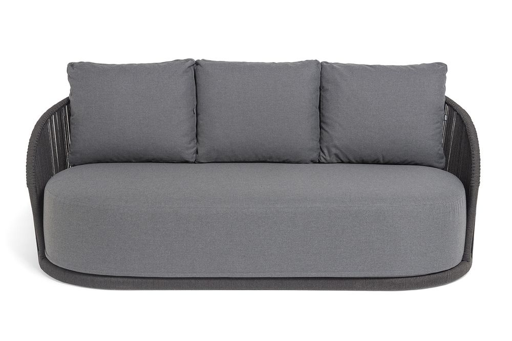 "Монтелла" диван 3-местный плетеный из роупа, каркас алюминий темно-серый (RAL7024) муар, роуп темно-серый круглый, ткань темно-серая 027