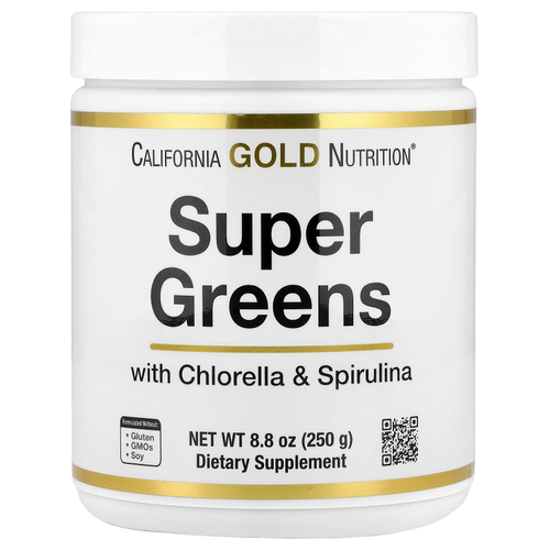 California Gold Nutrition, суперзелень со спирулиной, хлореллой, келпом и яблочным пектином, 250 г (8,8 унции)