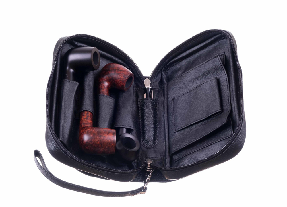 Сумка P&A для 4 трубок и табака, натуральная кожа, подарочная упаковка, черная