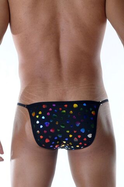 Черные мужские трусы-танга с разноцветными сердечками (Размер: S) (Цвет: черный)