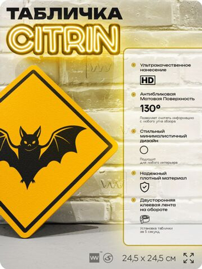 Табличка прикольная "Осторожно, летучие мыши" на дверь и стену, информационная и предупреждающая, декоративный знак, 24,5х24,5 см, пластиковая, Айдентика Технолоджи
