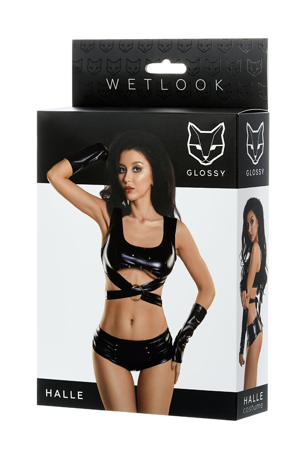 Glossy HALLE - Комплект из материала Wetlook (топ, мини-шорты и перчатки), черный, S