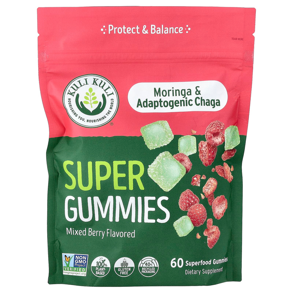 Kuli Kuli, Super Gummies, моринга и адаптогенная чага, ягодное ассорти, 60 жевательных мармеладок
