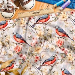 Ткань премиум сатин птицы в цветущих ветвях