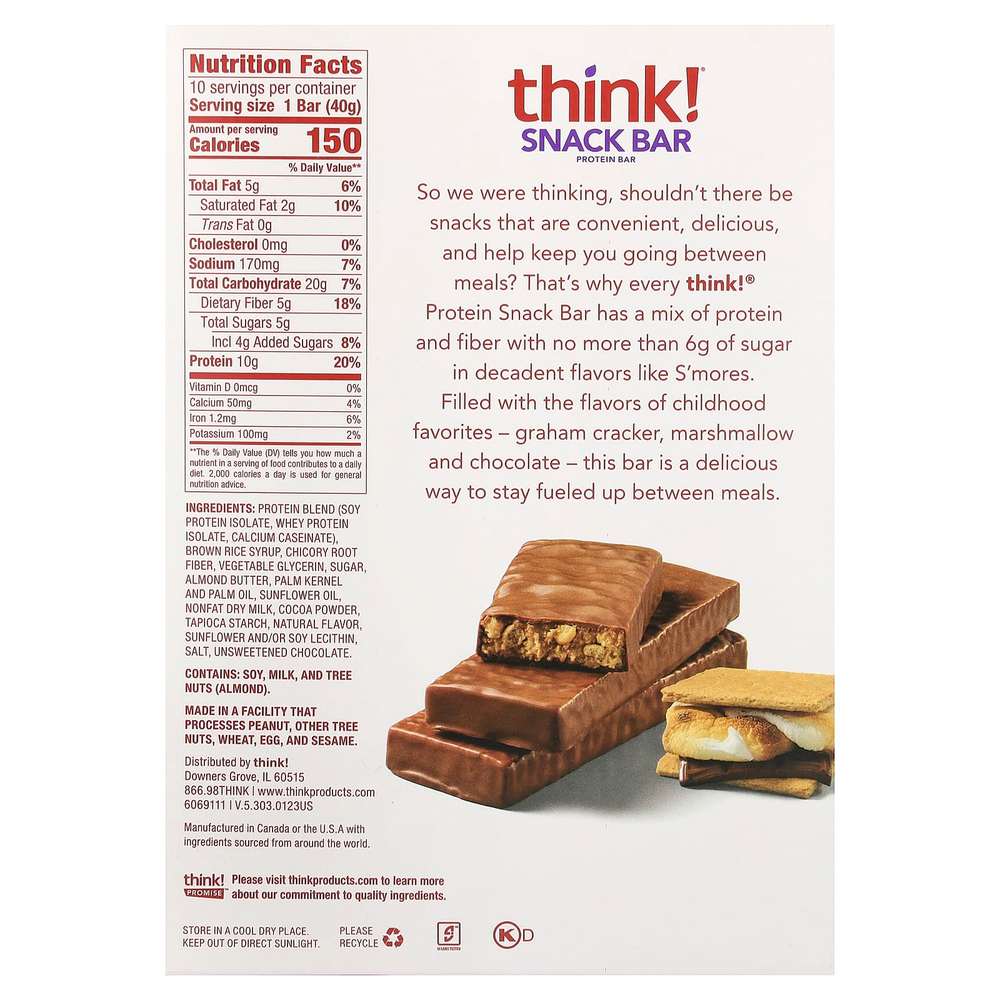 Think !, протеиновый батончик, маршмеллоу с печеньем и шоколадом, 10 батончиков по 40 г (1,41 унции)