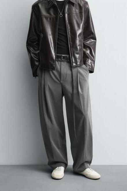 ZARA БРЮКИ BALLOON С ЗАЩИПАМИ И ПОЯСОМ, СЕРЫЙ