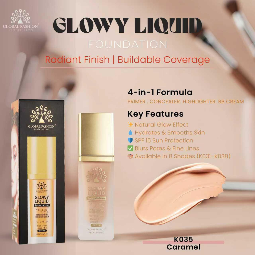 Тональная основа Global Fashion, Glowy Liquid Foundation 4in1:Primer+Concealer+Highlighter+BB cream, SPF 15, 35