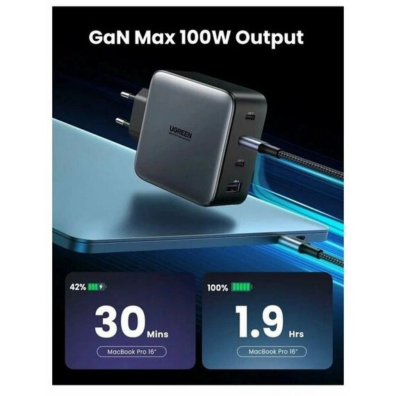 Сетевое зарядное устройство Ugreen CD226 USB-A + 3 x USB-C 100W GaN (90575) серый космос