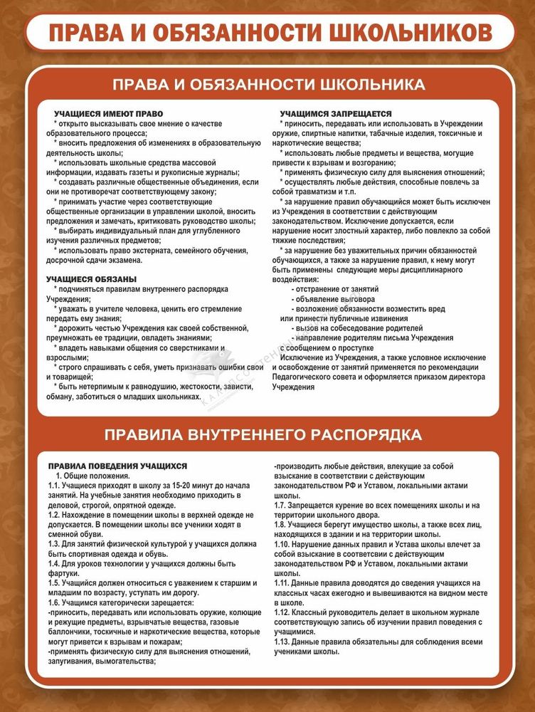 &amp;nbsp;Стенд &quot;Права и обязанности школьников&quot; 0,9х1,2 м