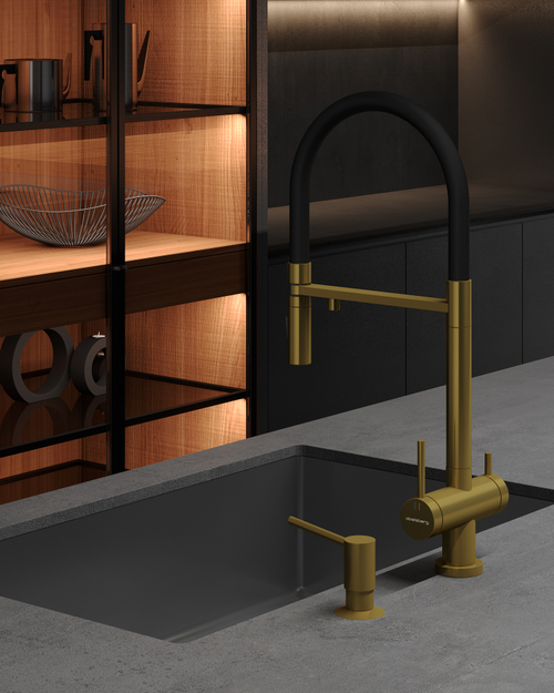 Смеситель для кухни Abelsberg Venta IXF73979BG c гибким изливом и возможностью подключения фильтра для воды, цвет королевское золото, PVD покрытие