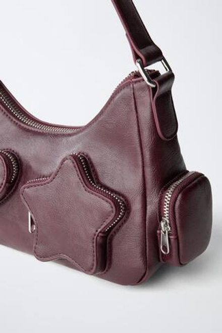 ZARA СУМКА SHOULDER С КАРМАНАМИ, БОРДОВО-КРАСНЫЙ
