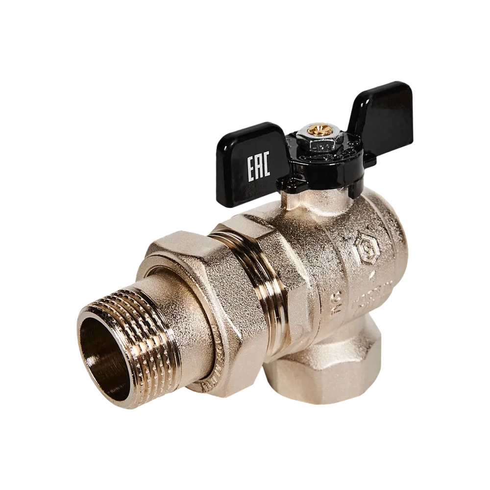 Кран шаровой полнопроходной угловой STOUT - 1" (ВР/НР-американка PN40, Tmax 150°C, ручка-бабочка)