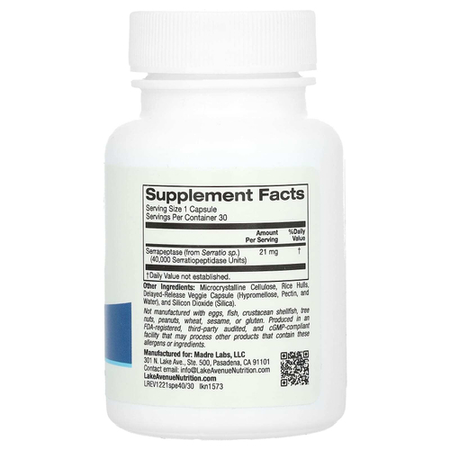 Lake Avenue Nutrition, серрапептаза, протеолитический фермент, 40 000 SPU, 30 растительных капсул