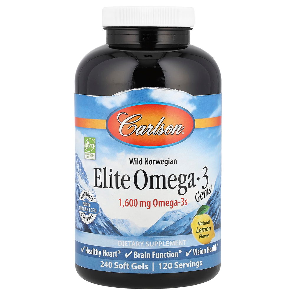 Carlson, Elite Omega-3 Gems, отборные омега-3 кислоты, натуральный лимонный вкус, 1600 мг, 240 капсул (800 мг в 1 капсуле)