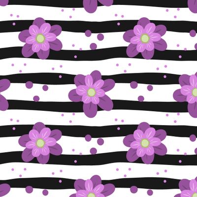 Фиолетовые цветочки на черно-белой полоске