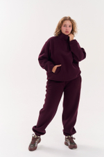 Свитшот с воротником на кнопках из футера с начесом в винном цвете