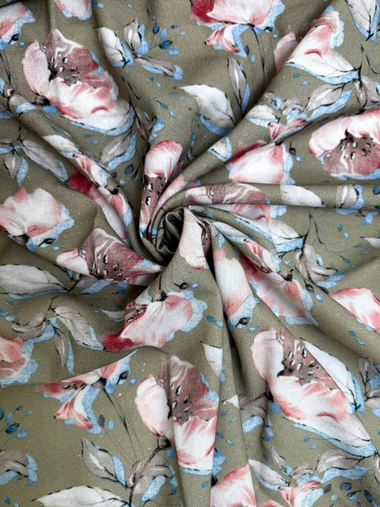 Плательная лен принт маки розовый/голубой на хаки PHARMA RH#1С2