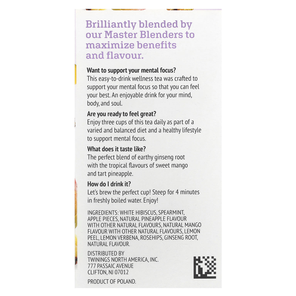 Twinings, Focus Herbal Tea, травяной чай с женьшенем, манго и ананасом, без кофеина, 18 чайных пакетиков, 27 г (0,95 унции)