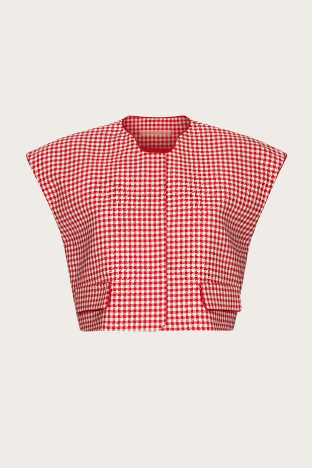 УКОРОЧЕННЫЙ ЖИЛЕТ ИЗ КРАСНО-БЕЛОГО ТВИДА