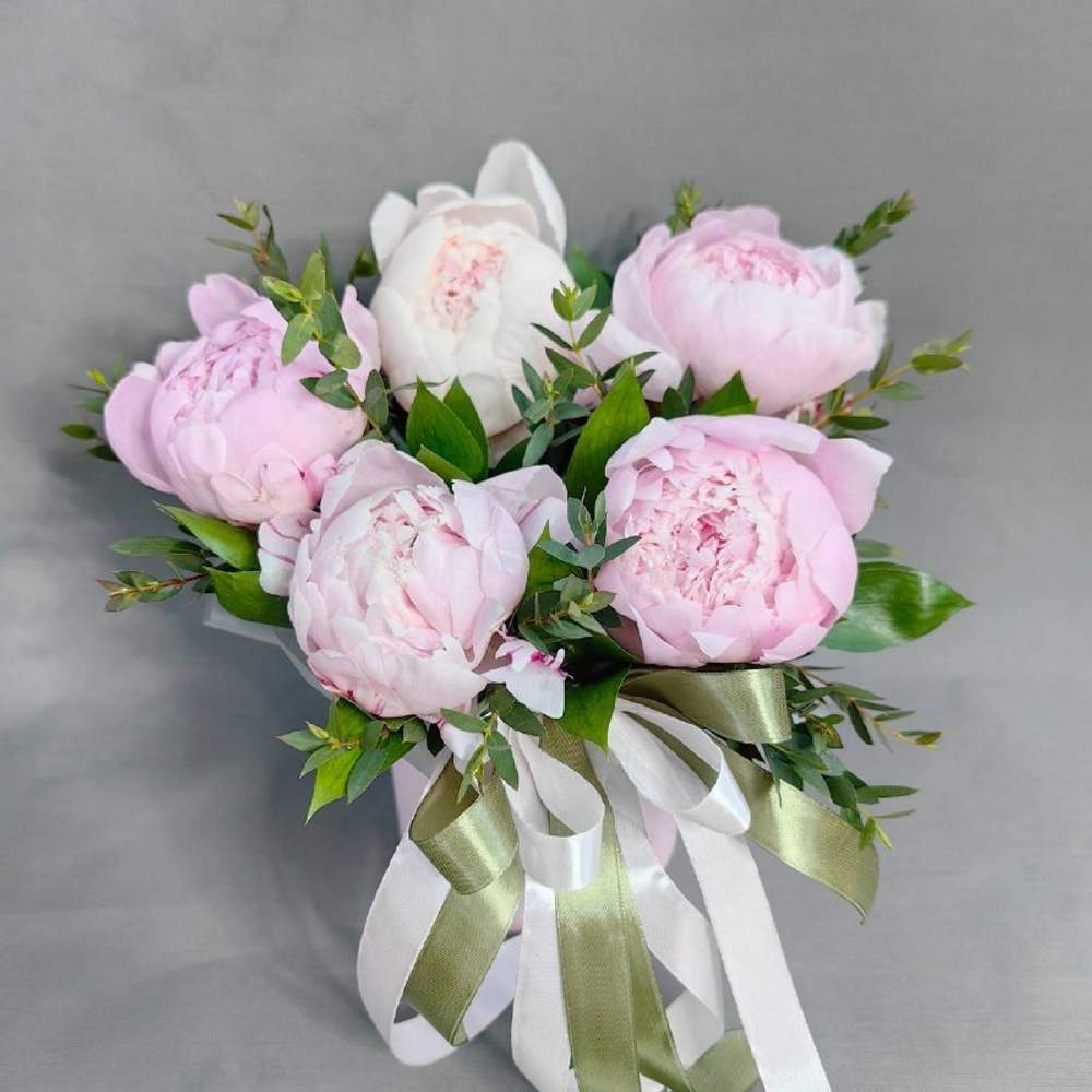 Шляпная коробка с 5 пионами "Сара Бернар" и эвкалиптом