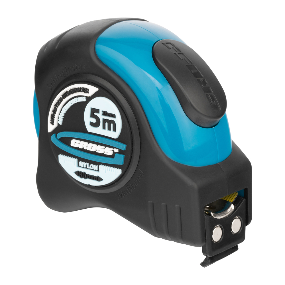 Рулетка "Schlagfest",5 м x 25 мм,магнитный обрезиненный зацеп,двусторонняя шкала,Нейлоновое покрытие,автоматическая фиксация Gross