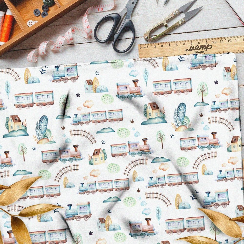 Ткань мембрана акварельные паровозики