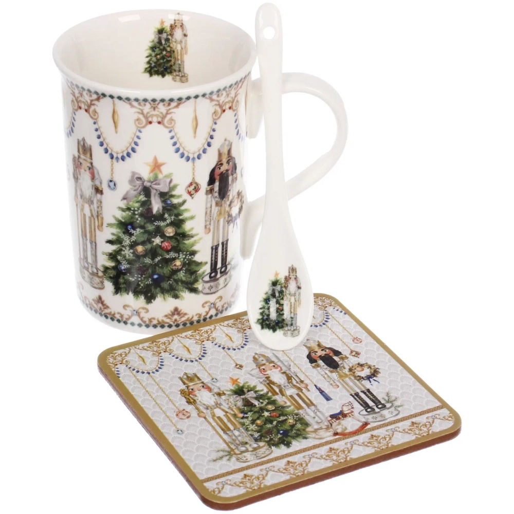Кружка керамическая 300мл «Щелкунчик» в наборе с ложкой и подставкой, в подарочной коробке