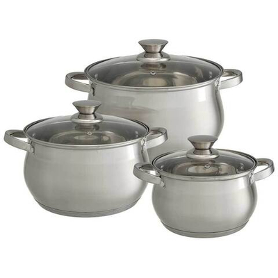 Набор посуды 6 предметов: 3 кастрюли (2,9 л, 5,1 л, 6,6 л) из нержавеющей стали со стеклянными крышками BE-615/6
