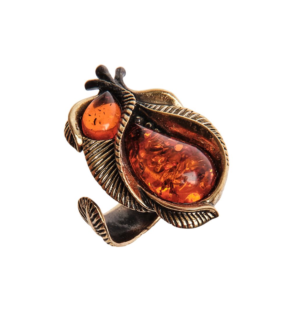 AM-2663 Кольцо «Винтажный лист» (латунь, янтарь)