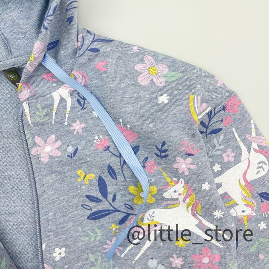 Толстовка на молнии "Единороги в цветах" из футера, серо-голубая