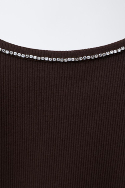 ZARA ТОП В РУБЧИК СО СТРАЗАМИ, КОРИЧНЕВЫЙ