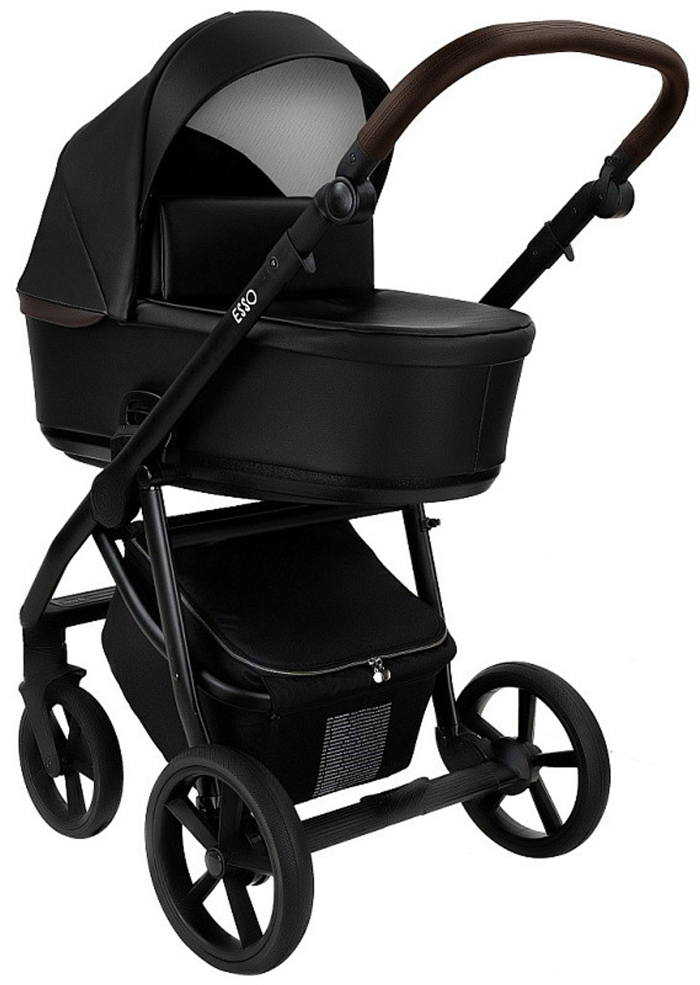 Детская коляска Roan Esso Кожа 3 в 1 с автокреслом Tutis Elo Lux EduSky Black ESSK/210/1 Black /Black/руч.Тем.коричневый