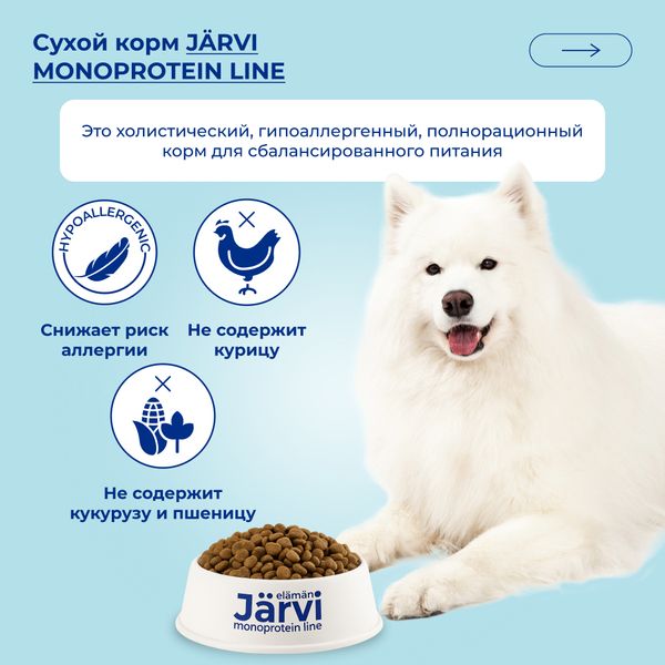 Сухой монопротеиновый корм Jarvi для взрослых собак средних и крупных пород с чувствительным пищеварением, телятина