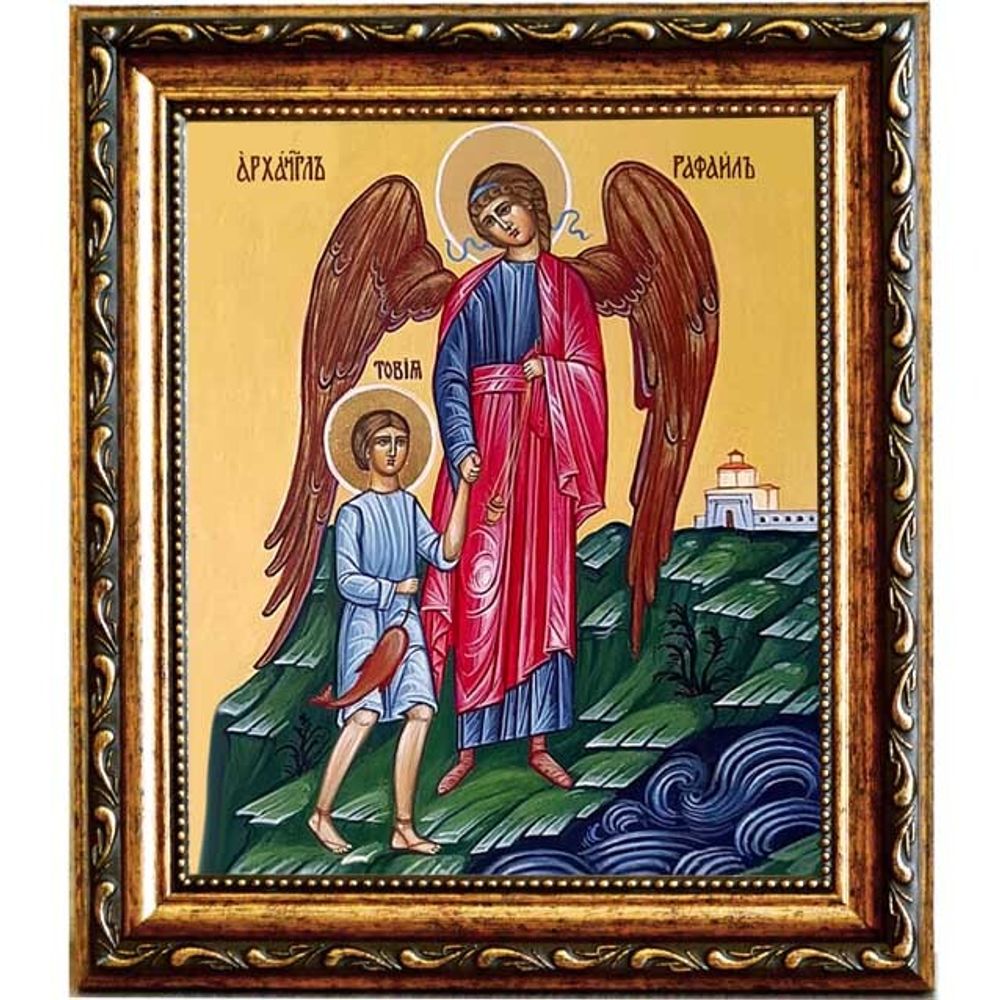 Архангел Рафаил сопровождает Товию. Икона на холсте.