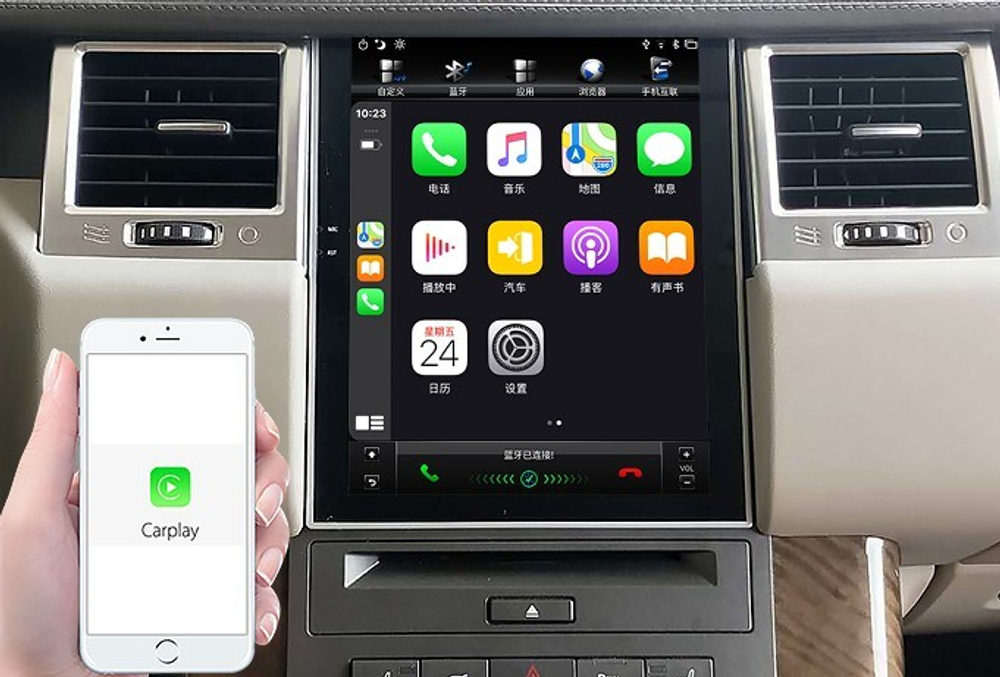 Магнитола для Range Rover Sport 2009-2012 (поддержка штатного меню DENSO) - Carmedia NH-R1004-1 ("Тесла-Стиль") Android 11, 4+64Гб, CarPlay, SIM-слот