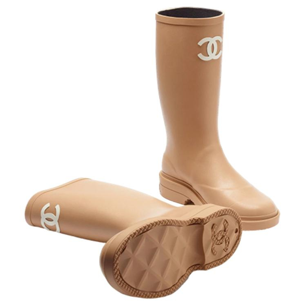 CHANEL Rubber Rain Boots Beige Women"s