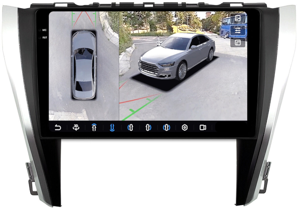 Магнитола для Toyota Camry 55 2014-2018 (рамка серебристо-черная) - FarCar BX10-360-7044B монитор 10.36" 2K QLED на Android 13, 6Гб+128Гб, CarPlay, 4G SIM-слот, 4 камеры в комплекте