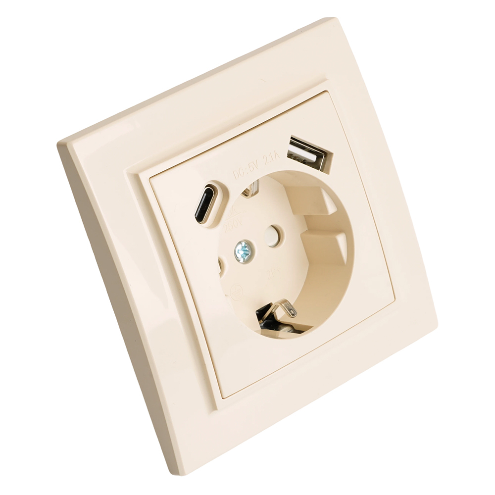 Розетка 1-местная с/з STEKKER, PST16-9016-02, 250В, 16А с USB+ type C, серия Эрна, слоновая кость 50077