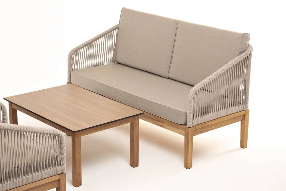 "Канны" лаунж-зона 4-местная из роупа со столиком "Канны" цвета "дуб", основание дуб, роуп бежевый