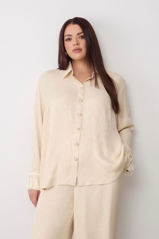 Рубашка из вискозы жаккард с отделкой бахромой, сливочный