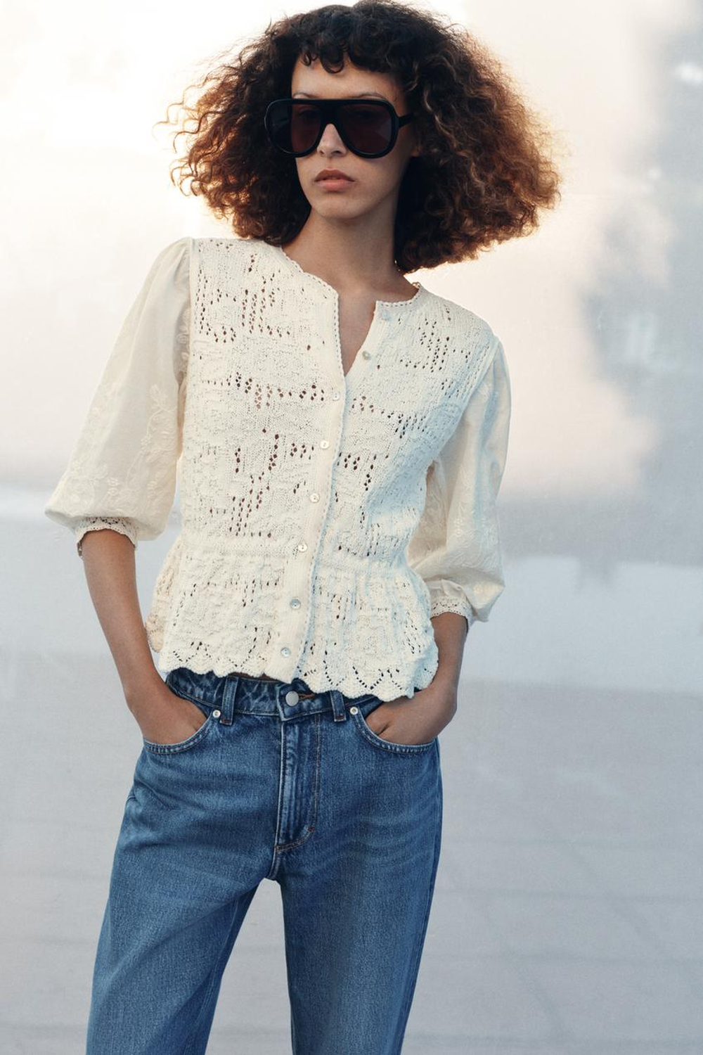 ZARA РОМАНТИЧНЫЙ КАРДИГАН С КОМБИНИРОВАННЫМИ ДЕТАЛЯМИ, ЭКРЮ