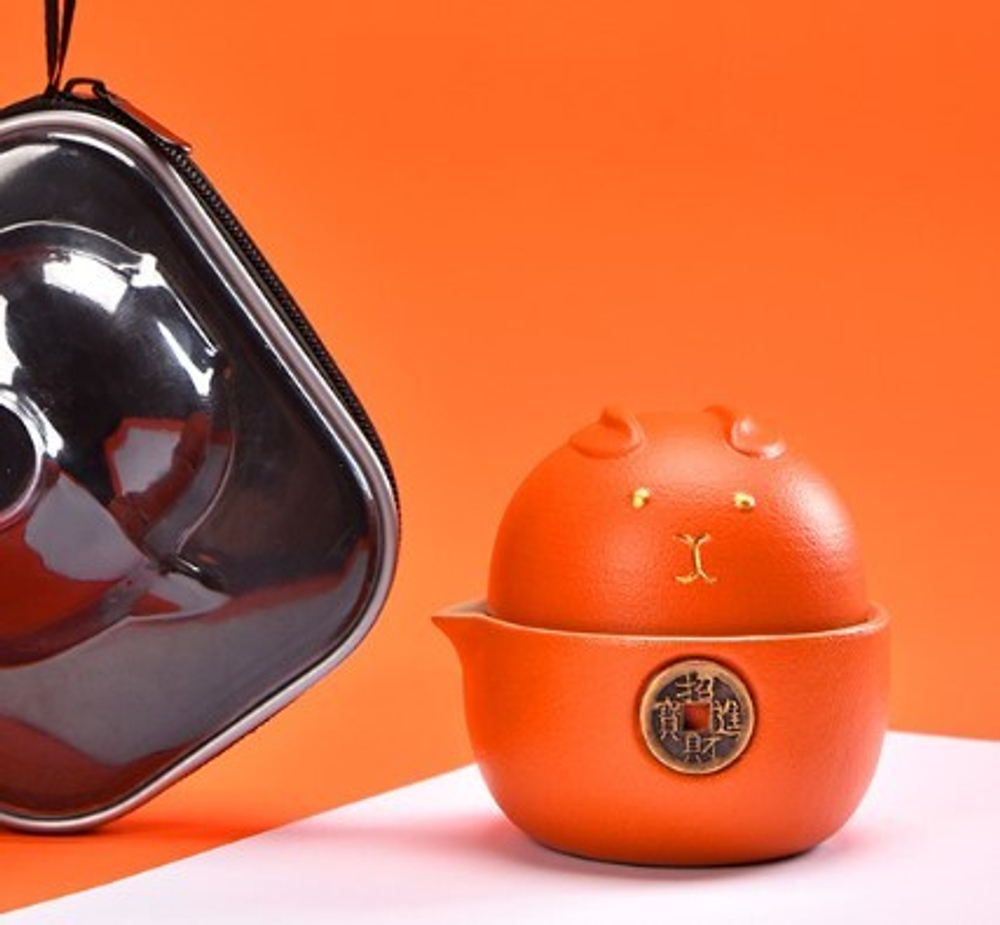 242129 Сервиз "Котики" чайник+2 пиалы+кейс, цвет оранжевый, керамика