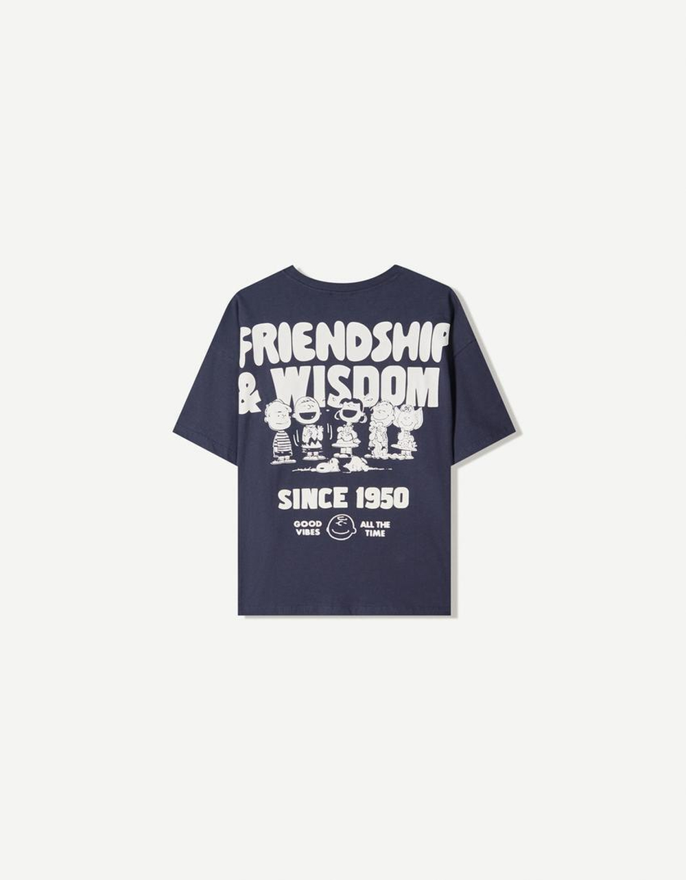 BERSHKA Футболка с коротким рукавом и принтом Peanuts, темно-синий