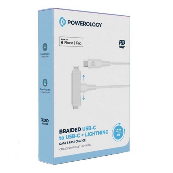 Кабель Powerology USB-C to USB-C + Lightning PD60W (PCAB007WH) White
