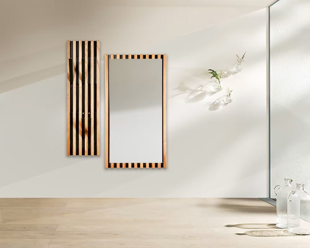 Зеркало настенное прямоугольное Пиафорте Нигелла 1196х631 мм с деревянной рамой / зеркало в прихожую из массива дикого дуба и черного ДСП в стиле лофт