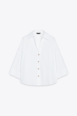 ZARA РУБАШКА ИЗ ПОПЛИНА В ПОЛОСКУ С ШИРОКИМИ РУКАВАМИ, БЕЛЫЙ