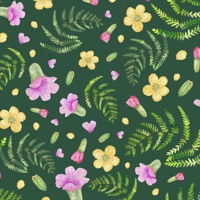 Акварельный лес: папоротник, медуница и лютики