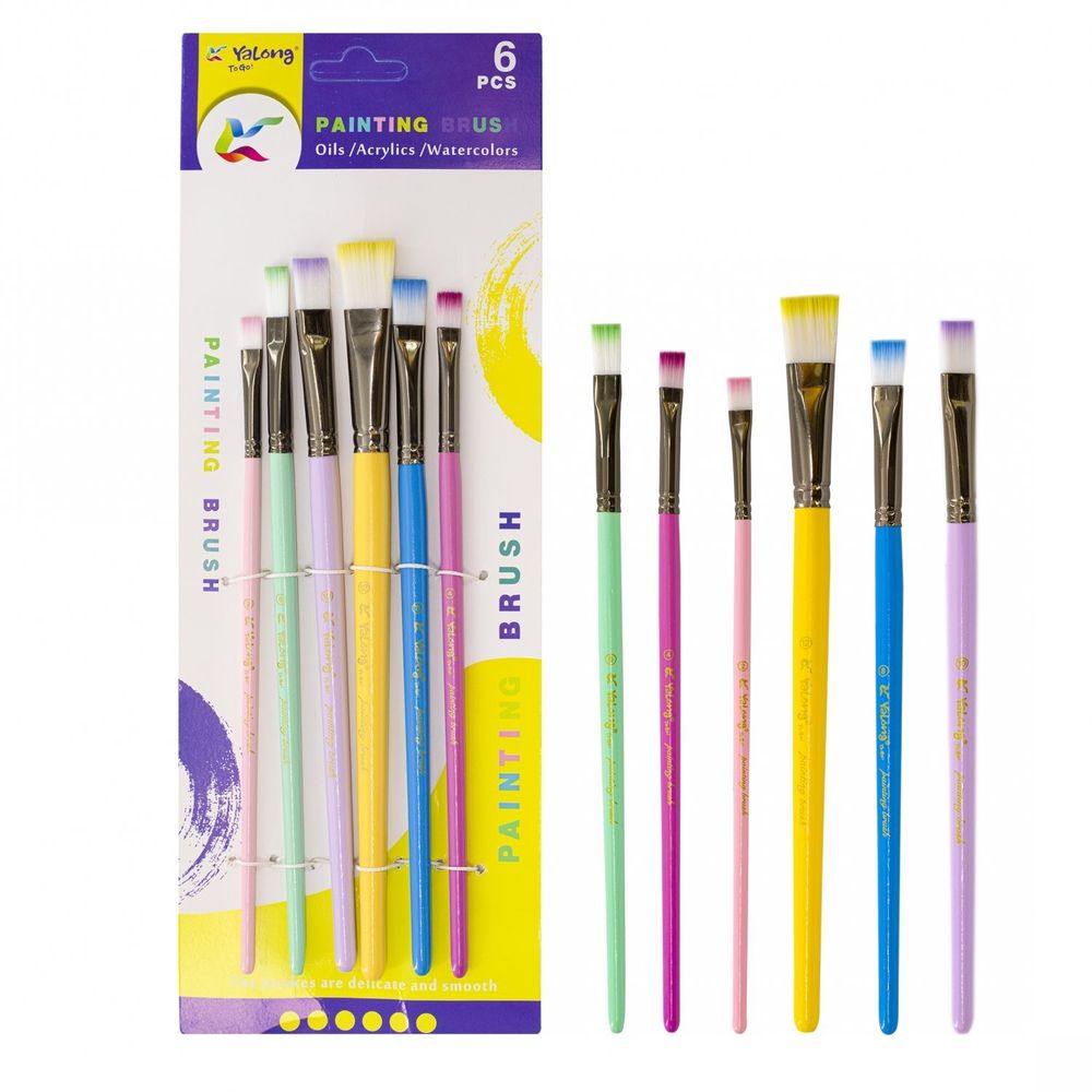 Набор кистей Yalong, 6 шт, нейлон, плоские №2, №4, №6, №8, №10, №12, разноцветные, деревянная ручка, блистер, европодвес